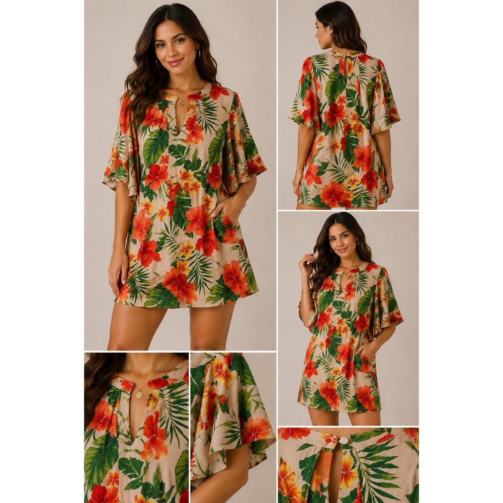 Umgee USA Tropical Floral Hibiscus Mini Dress Tan Orange Green Pockets L A3930
